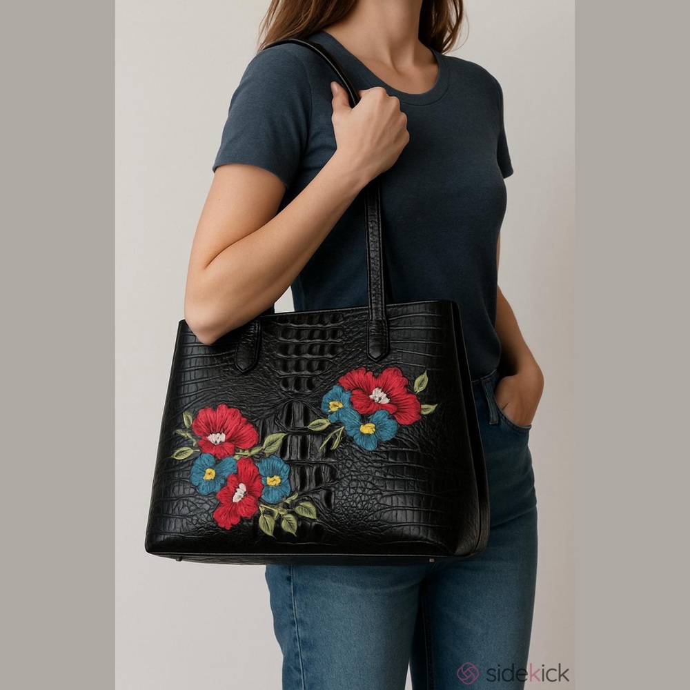 Brahmin Medium Julian Tote Black Bluewood Applique red blue green - Picture 3 of 16